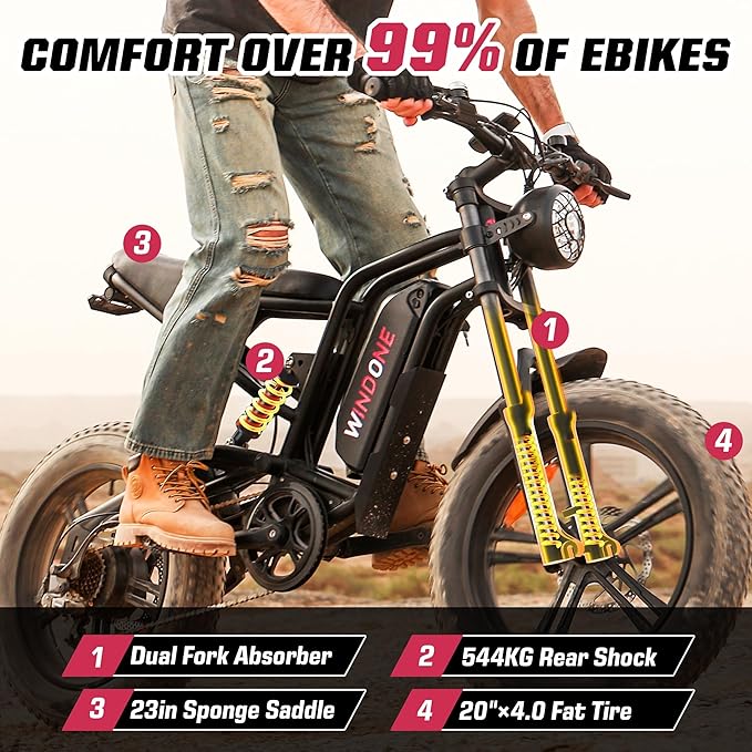 Windone E2 Electric Bike for Adults, Full Suspension, 48V13Ah Removable Battery, Up to 28MPH & 46.6 Miles (PAS), 1000W Ebike with All-Terrain 4.0" Fat Tires, Cruise Control, UL Certified, Moped E-Bike