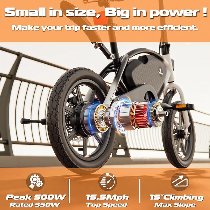 Vivi PONY01 Electric Bike, 14" Electric Bicycle for Adults and Teens Peak 500W Motor 48V 374.4WH Battery, Max 40 Miles Range(Pedal-Assist) & Top 20 Mph, Cruise Control, SGS Certified to UL2849