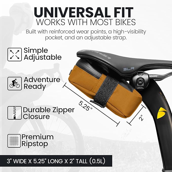 ALMSTHRE Signature Bike Saddle Bag – California Gold | 0.5L Bike Seat Bag (3" x 5.25" x 2") | Water-Resistant Ripstop, Waterproof Zipper, Internal Pocket | Durable Under Seat Storage