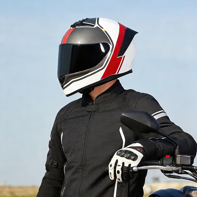 Full Face Motorcycle Helmet,Helmets for Adults Motorcycle, MG611 Motorbike Racing Street Bike Helmets with Black Visor for Men Women,DOT Approved (Glossy Red Gray Lines, XL)
