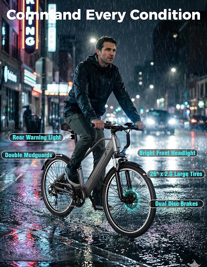 Jasion 26" Electric Bike for Adults, Internal Removable Battery Ebike with 3 Modes & 7-Speed, UL2849 Certified, 1200W Peak Motor, Max 28Mph & 50Miles, Shock Absorber, Electric City Commuter Bicycle