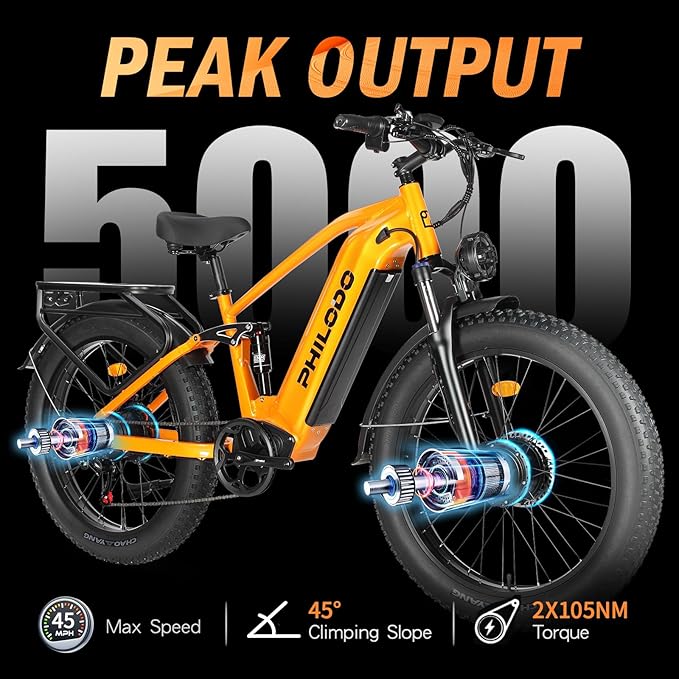 5000w Dual Motor Electric Bicycles, 60V Battery E-Bike with 45 MiIe P-Hour Electric Bike for Adults, 26 Fat Tire Hunting Ebike for All Terrain, Full Suspension Electric Ebike