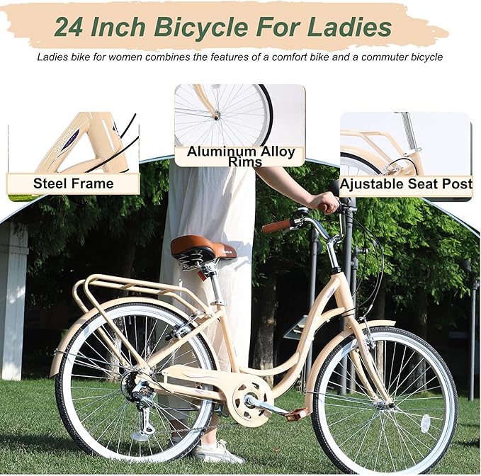 ZUKKA Beach Cruiser Bike for Women 24/26 Inch Ladies Bike 7 Speed Complete Cruiser Bikes with Dual V-Brake and Adjustable Seat, Adult City Bike for Women, Men, Multiple Colors