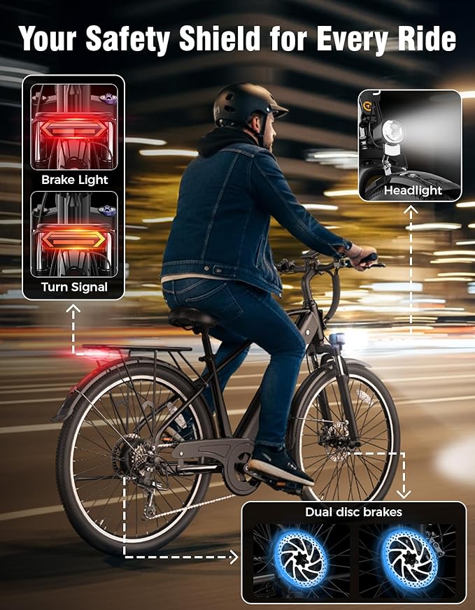 Jasion Roamer EBike for Commuting and Travel,1200W Peak Motor,28 MPH Max Speed,528WH Removable Battery Ebike, Front Suspension and 7-Speed Bicycle,Black,with Dual Disc Brake and Rear Basket