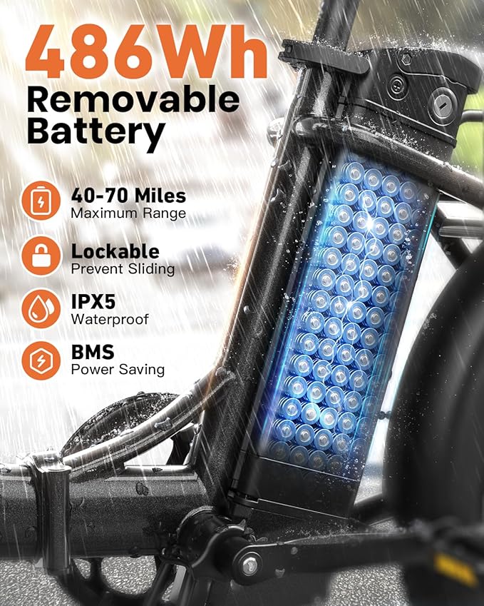 Electric Bike, 1000W Peak Folding Electric Bike, 486Wh 70 Miles Range Ebike, 20" Step-Thru Bicycle with Front Basket, Waterproof Removable Battery, 7 Speed, 25 MPH Max