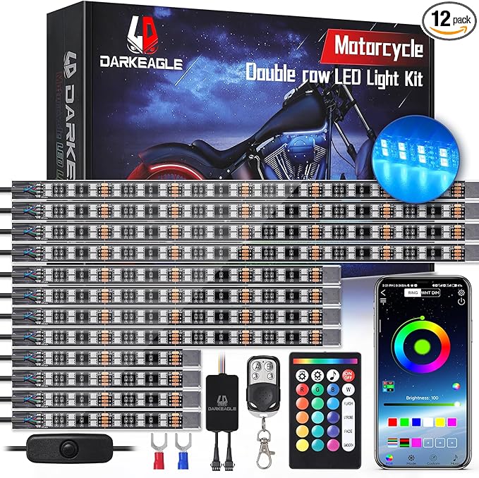 12PCS Double Row Motorcycle RGB LED Light Kits with Brake Turn Signal, Super bright Underglow Light with APP/RF Remote, Neon Accent Waterproof 12V for Sport Bike, Cruiser, Street & Off-Road Motorcycle