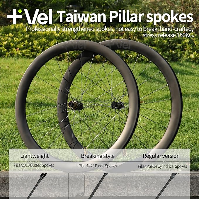 MEROCA VEL Road Bike Carbon Wheelset 700C Clincher Wheelset 50/60mm Deep Disc Brake Clincher/Tubeless Ready, 36T Ratchet Hub, Pillar Spokes