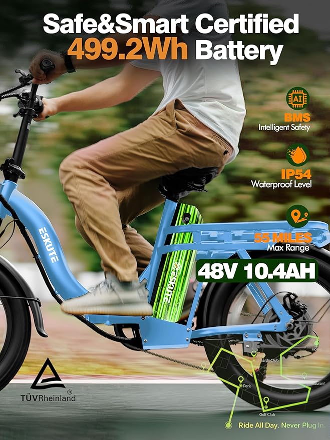 1200W Peak Folding Electric Bike for Adults, 28MPH 48V 10.4Ah Removable Battery, 55-Mile Range, 20"x3" Fat Tire, Step-Thru Ebike with Basket 7-Speed – Commuter E-Bike Blue Classic