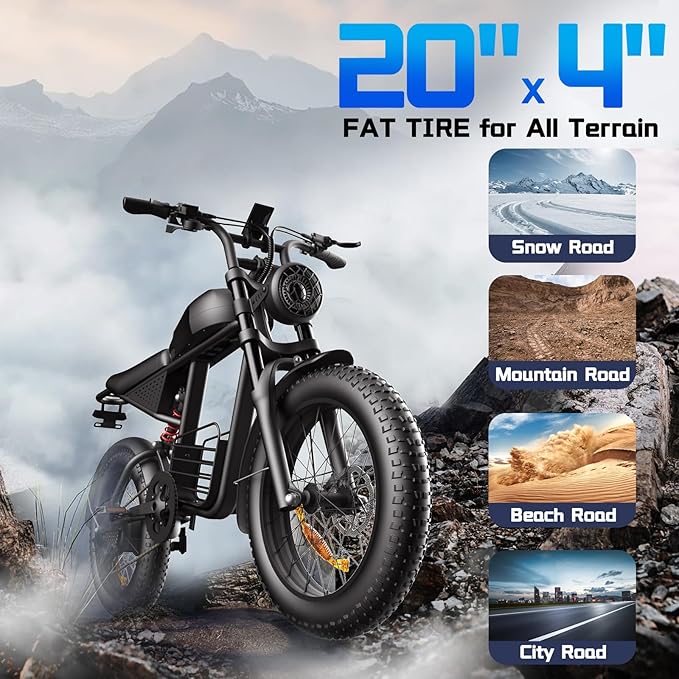 Electric Bike for Adults FX20, 3000/1500W, 37/35MPH Fast E-Bike, 48V 25Ah/18.9Ah Battery, 40-80 Miles Long Range Electric Motorcycle, 20" Fat Tire Dirt Bike, UL 2849 GCC All Terrain Mountain Snow