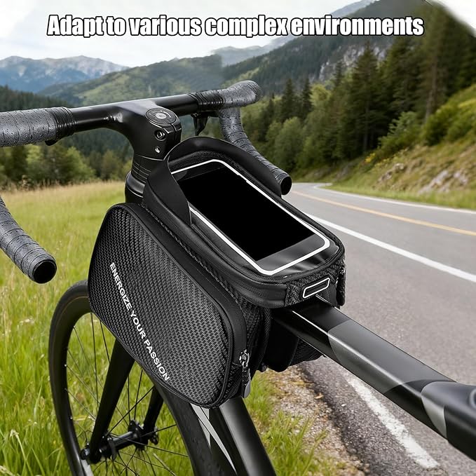 Portable Bag Bike, Waterproof Touchscreen Phone Holder, 8 Inches Road Bike Top Tube Pouch with Zipper, Polyester Cycling Storage with Reflective Strips, Electric Scooter Gear Organizer Easy Access