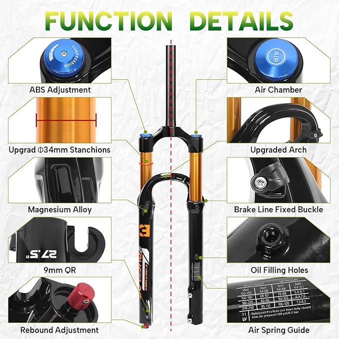 BUCKLOS 26/27.5/29 inch Travel 140mm MTB Air Suspension Fork, Rebound Adjustment 34mm Stanchions 1-1/8" Threadless Straight/Tapered 9*100mm QR Manual/Remote Lockout XC AM Mountain Bicycle Front Forks
