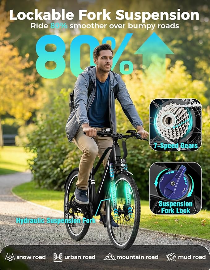 Jasion 26" Electric Bike for Adults, Internal Removable Battery Ebike with 3 Modes & 7-Speed, UL2849 Certified, 1200W Peak Motor, Max 28Mph & 50Miles, Shock Absorber, Electric City Commuter Bicycle