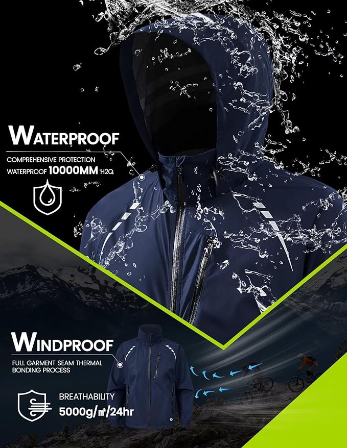 Nepest Cycling Rain Jacket Mens Waterproof Lightweight Packable Biking Windbreaker with Hood Raincoat for Running Hiking