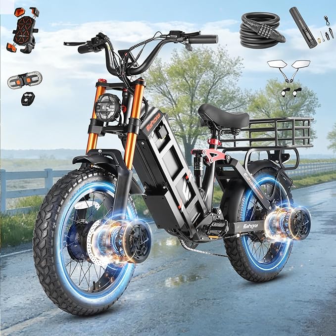 eAhora 2026 Latest Juliet Pro 2 5400W Dual Motor Electric Bike for Adults 43MPH 60V 70Ah 220+Miles Long Range Electric Bicycle 20" Fat Tire Full Suspension Mountain E-Bike All Terrain APP Control