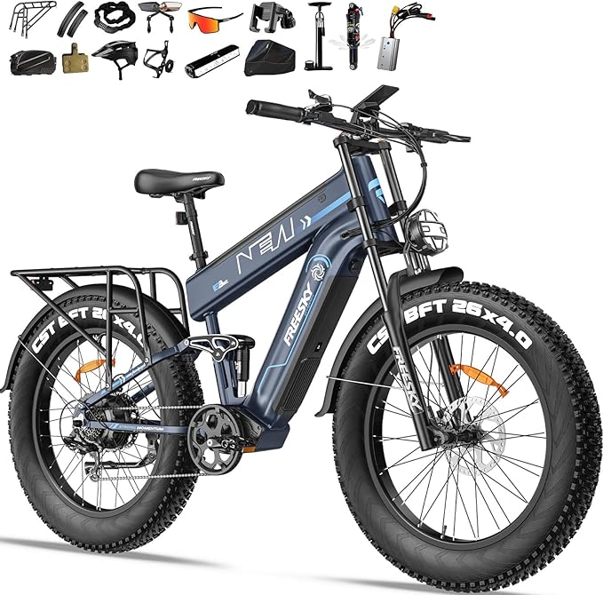 FREESKY Dual Battery Electric Bike for Adults, 48V 41AH 160 Miles Long Range E Bike, 4000W Motor 40MPH+, 26" Fat Tire Fast Mountain EBike, Full Suspension & Hydraulic Brakes, UL 2849 Certified by TÜV