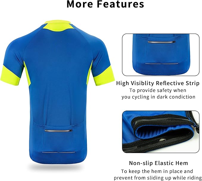 Cycling Jersey Men Short Sleeve MTB Road Bike Biking Shirts with 12 Rear Pockets- Moisture Wicking, Quick Dry, Reflective Strip Blue