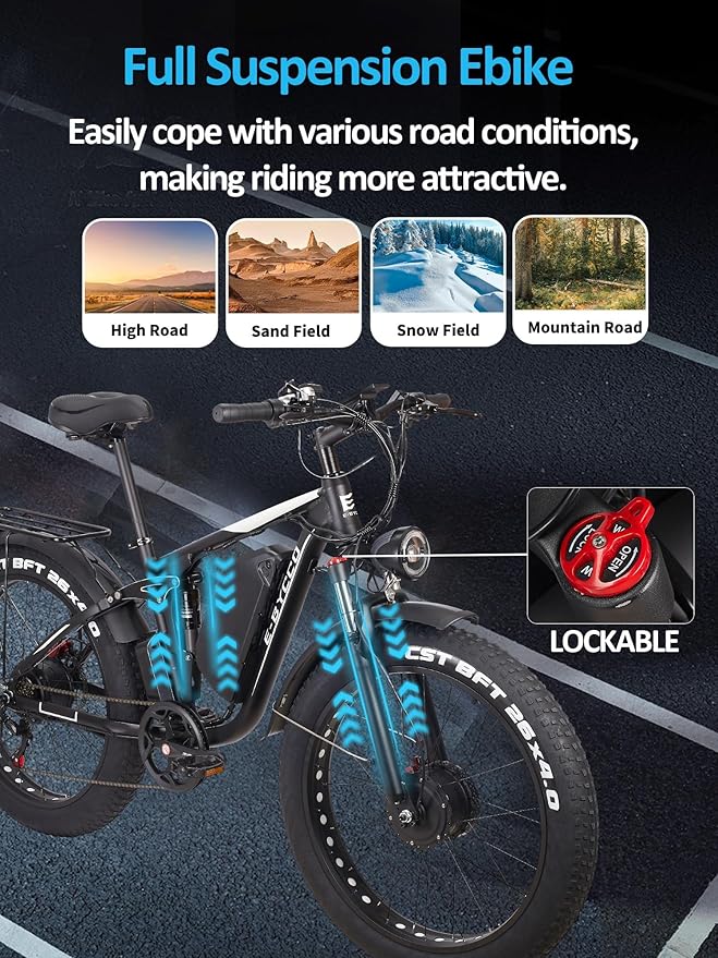 6000W Electric Bike for Adults, 52V 32AH Dual Motor E-Bike, Up to 100Mile & 45MPH All-Terrain Fat Tires Full Suspension 24/26 Inch Electric Bicycles Hydraulic Disc Brake for Road UL2849 by SGS