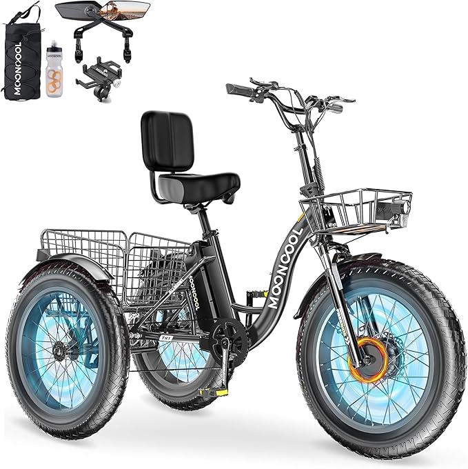 MOONCOOL 1000W 4" Fat Tire Electric Tricycle for Adults, 48V 14.5Ah All-Terrain Aluminum 20" E-Trike, Front Suspension, 7-Speed, 400lbs Max Payload