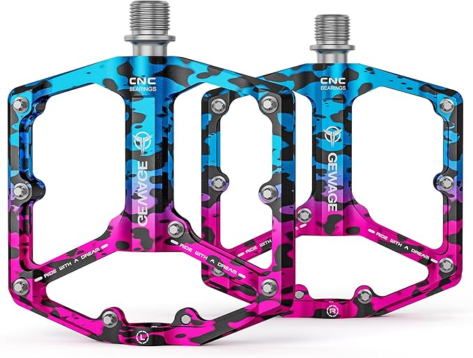 Road/Mountain Bike Pedals - 3 Bearings Bicycle Pedals - 9/16” CNC Machined Flat Pedals with Removable Anti-Skid Nails