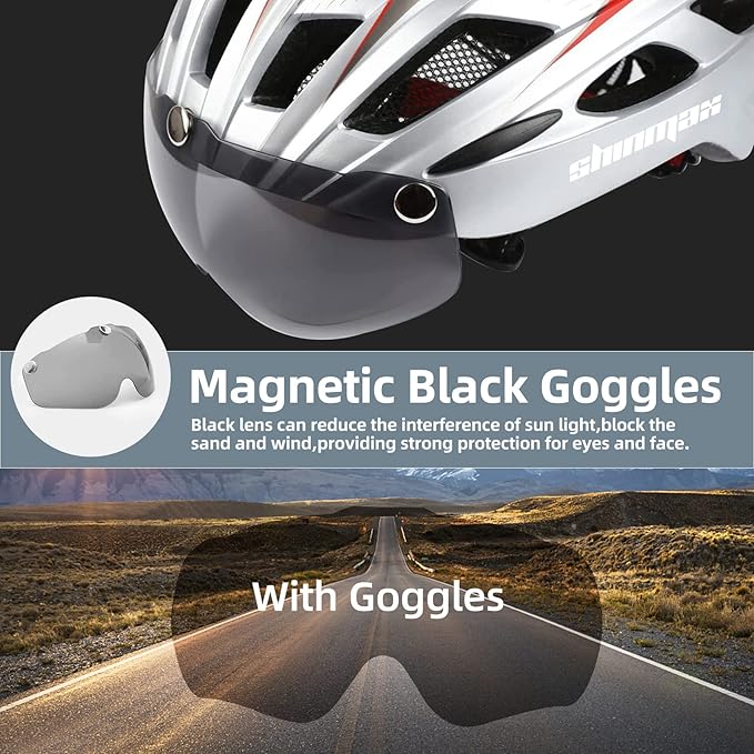 Shinmax Bike Helmet, CPSC/CPC Bike Helmet for Adult Men Women with Magnetic Goggles&Led Back Light Cycling Helmet Adjustable SM-T69
