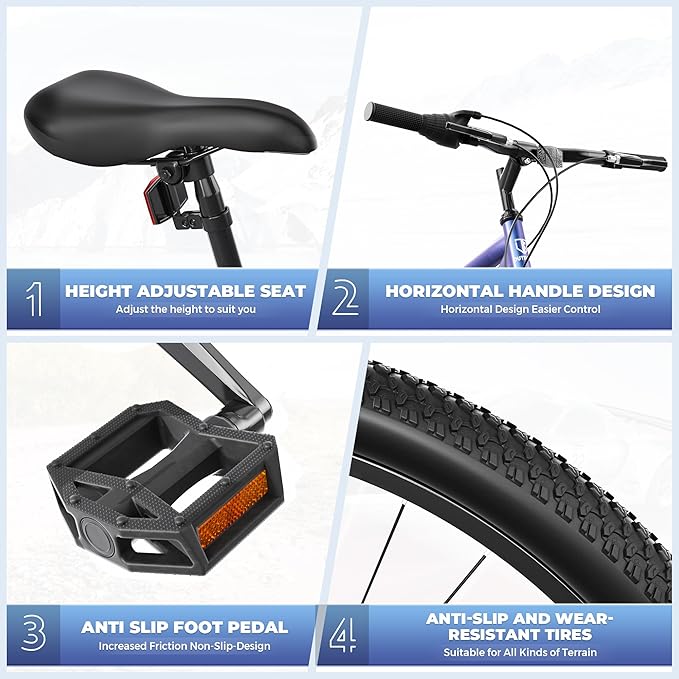 Outroad 26 Inch Mountain Bike, 7/21-Speed/High-Carbon Steel/Aviation Grade Frame, Dual Disc/V Brake, Adjustable Ergonomic Seat Bicycle for Men Women Adult, Quick Assembly in 20 Minutes