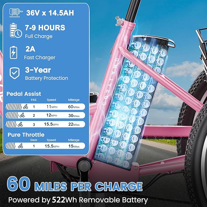 MOONCOOL MONCOOL Adult Electric Tricycle, 350W Front Drive Motor (Peak 700W), 15.5MPH E-Trike with Removable 36V 14.5Ah Battery, 60 Miles Range, 24/26 Inch 7-Speed 3 Wheel Electric Bike, Large Basket