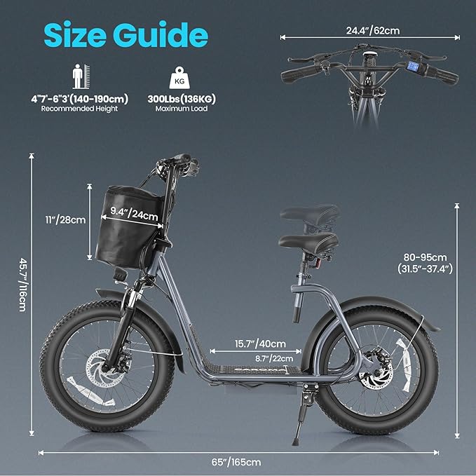 Caroma Electric Scooter with Seat for Adults, 800W Peak Motor, 20MPH & 30Miles Long Range, 20" Fat Tire Commuter E-Scooter with Basket for Grocery, Pets, and Daily Commute