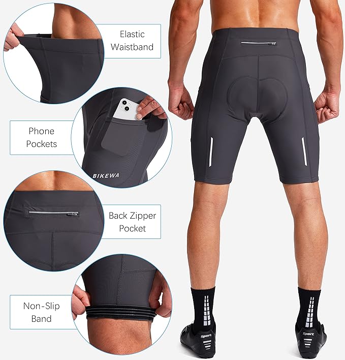 Bikewa Men's Bike Shorts 3D Padded Cycling Road Biking Mountain Riding Biker Bicycle UPF 50+ Cycle Shorts Zipper Pockets
