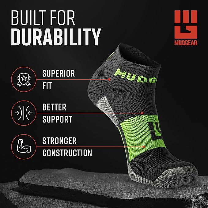 MudGear Quarter Crew Trail Socks, Blister-Resistant, Sweat-Resistant & Quick-Drying, Cushioned Footbed, Made in USA, 2-Pack