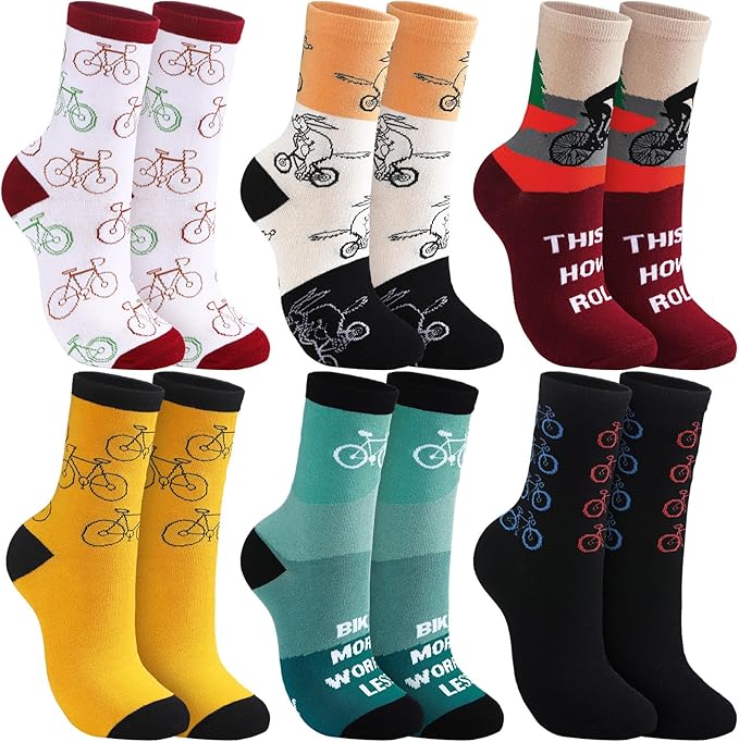 Zoooyawn 6 Pairs Cycling Biking Socks for Men Women Biking Gifts Bulk Funny Crew Socks for Mountain Bike Sports Lovers Gifts