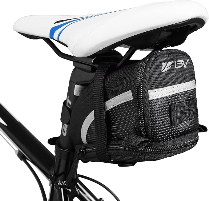 BV Strap-On Bike Bag with Reflective Material - Saddle Bag with Seperate Divider for Small Items for All Your Essentials - Bike Pouch with Taillight Hanger for Maximum Safety