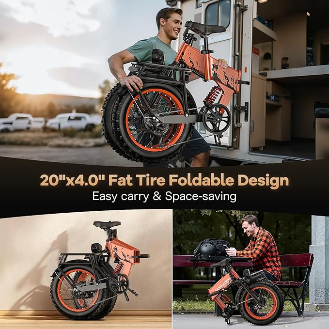1500W Folding Electric Bike for Adults,52V 20Ah Removable Battery Ebike with 30+MPH 70 Miles Max,20" x4.0 Fat Tire E-Bike, Foldable Dual Suspension Electric Bicycle for Commute,Mountain