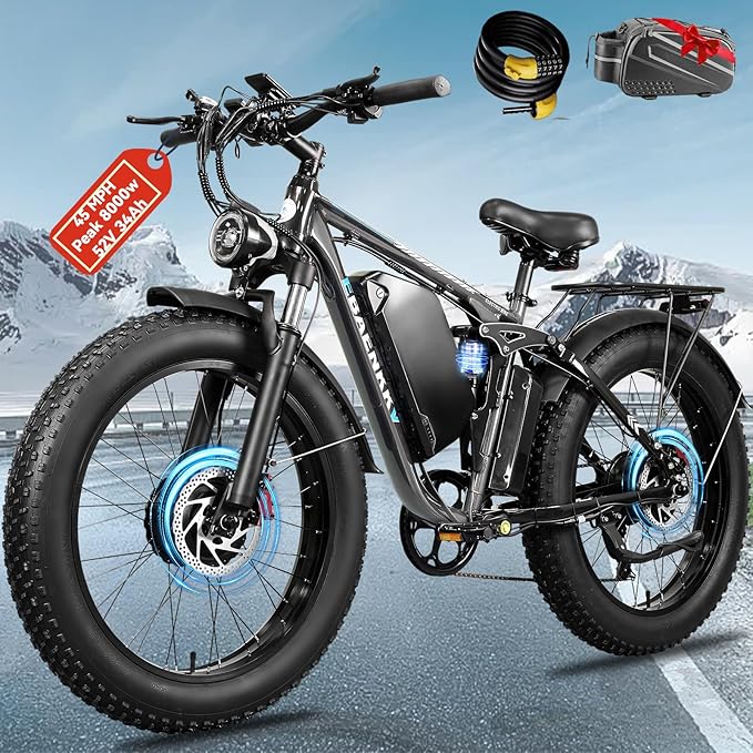 8000W Dual Motor Electric Bike for Adults 45MPH - Fast E-Bike with 52V 34Ah Battery Up to 105 Miles ,24"*4.0" Fat Tire E Bikes,Full Suspension Electric Bicycle for Snow Mountain Off-Road Commuter