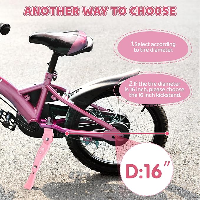 Adjustable Kickstand for Kids Bike, Bike Kickstand Center Mount for 16 18 20 Inch Kids Bikes, Aluminum Alloy Durable Bicycle Kickstand Bike Accessories for Kids, Pink