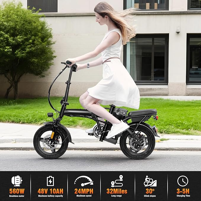 Foldable Electric Bike for Adults & Teens, 560W Brushless Motor 24MPH Ebikes, 32 Mile Range 48V 10Ah Battery, 3-Level Pedal Assist, 14" Tires Mini Folding Electric Bicycle, UL 2849 Certified