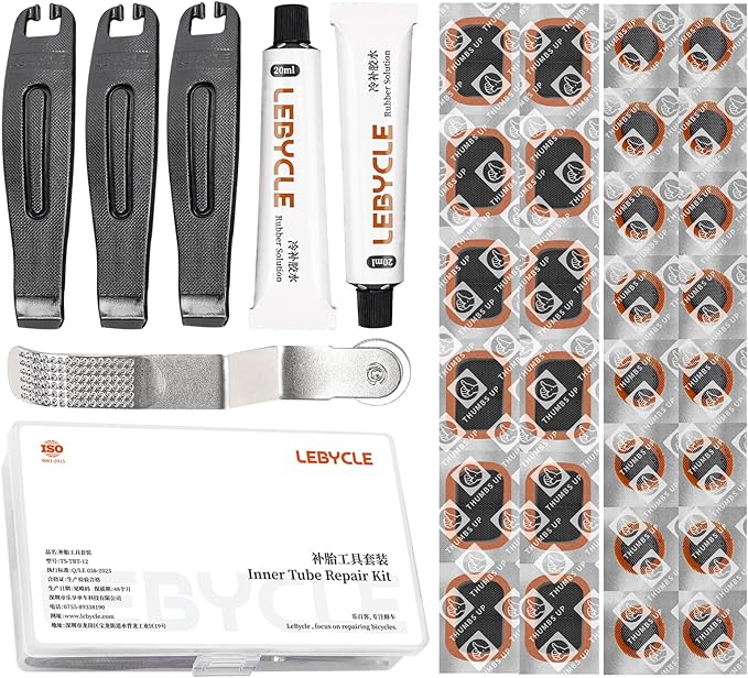 Bike Tire Repair Kit for Road & Mountain Bikes, Portable Inner Tube Patch Kit with Vulcanizing Patches, Glue & Rim-Safe Levers