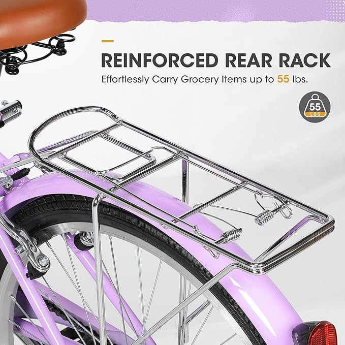 Outroad Beach Cruiser Bike, 24/26 inch Commuter Bicycle for Adult and Women,High-Carbon Steel Comfortable City Bikes with Rear Rack and Basket, (Black/Pink/White/Green/Purple)