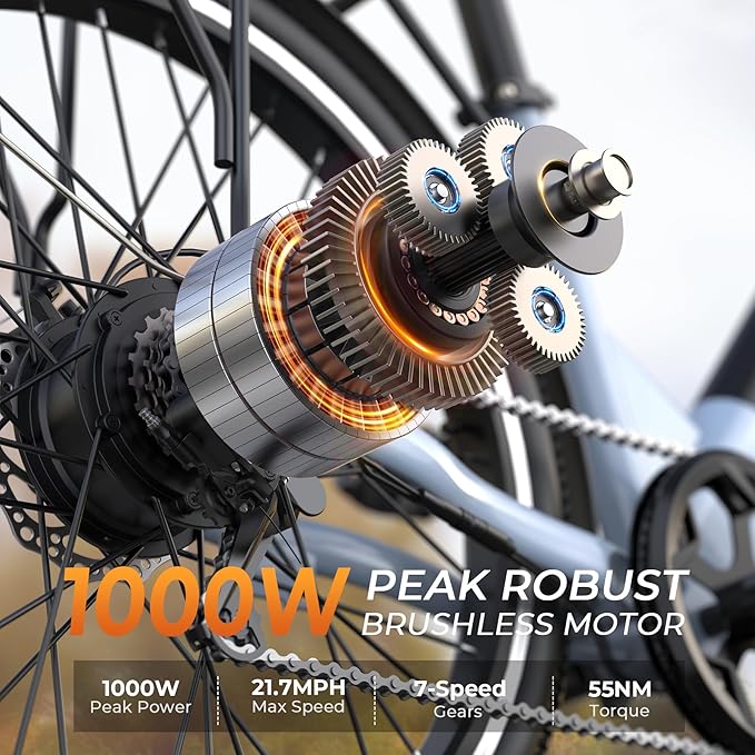 Electric Bike for Adults,26" Step-Thru EBike with 1000W Peak Motor,50 Miles 21.7MPH Adult Electric Bicycles with 48V Internal Removable Battery, Adjustable Stem,7 Speed,UL 2849 Certified
