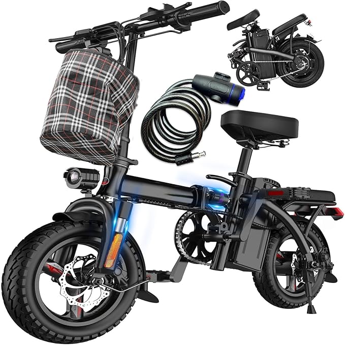 Electric Bike for Adults and Teens, 520W-560W Motor, 20-24MPH, 32 Miles Range, 48V 10Ah Battery, 3-Level Pedal Assist, 14" Foldable Mini Electric Bicycle, UL 2849 Certified