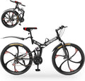 Outroad 26 Inch Folding Mountain Bike, 21 Speed Full Suspension High-Carbon Steel MTB Foldable Bicycle, Dual Disc Brake Non-Slip Folding Bikes for Adults/Men/Women, Black, Orange and Green
