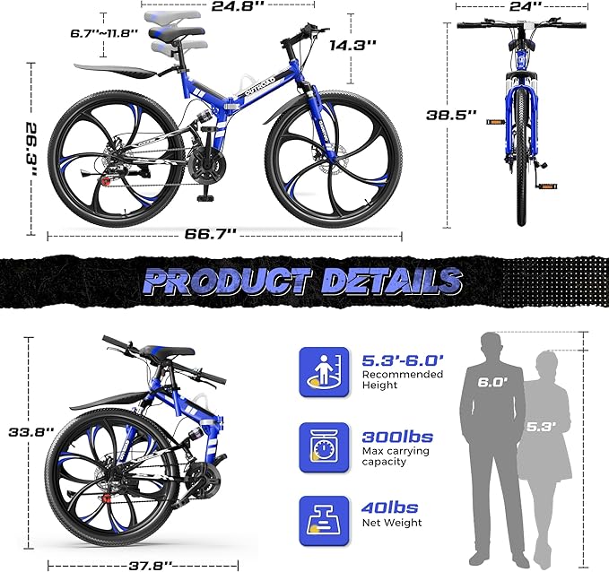 26 inch Folding Mountain Bike, Carbon Steel Frame and 21 Speed, Double Disc Brake and Dual Suspension Folding Bike for Adults/Men/Women, Easy Assembly Bicycle