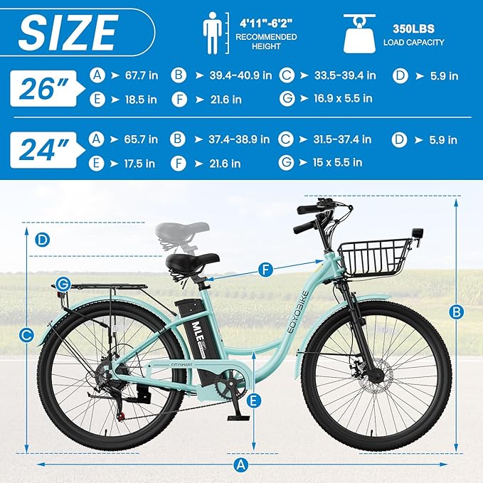 350W Electric Bike for Adults, 20MPH 7-Speed Commuter Ebike with 36V 10.4Ah Battery, Aluminum Frame, Front Suspension, Dual Disc Brakes, E Bicycle with Basket & Rear Rack, 330 lbs Load