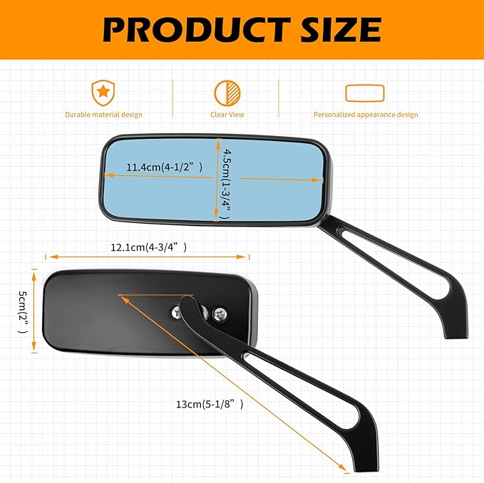 8mm/10mm Black Rectangle Motorcycle Rear view Side Mirrors compatible with Honda Grom Kawasaki Suzuki Yamaha Cruiser Chopper