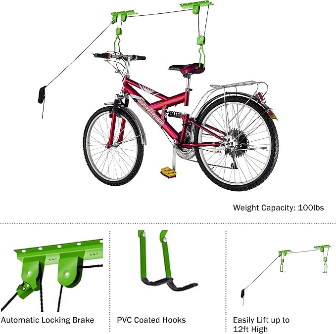 Bike Hanger Set - Set of 2 Overhead Pulley System Bike Hangers for Garage or Shed with 100lb Capacity for Bicycles or Ladders by Rad Sportz (Green)