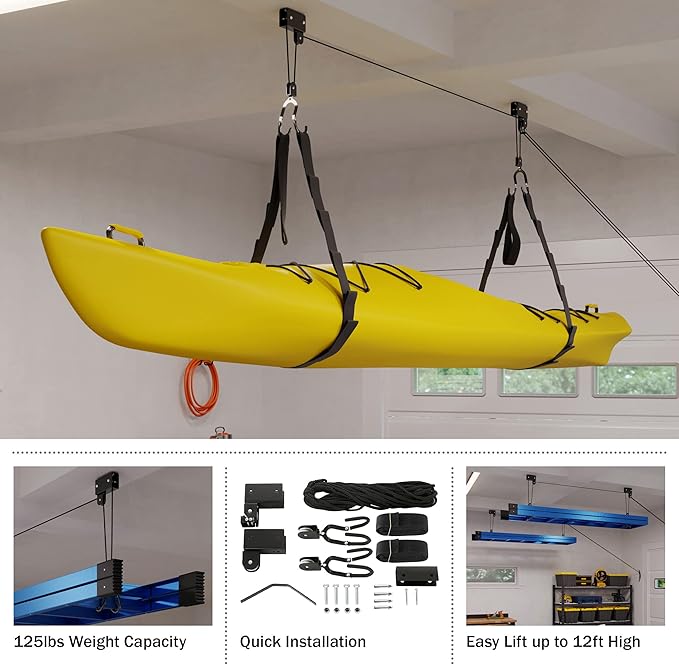 Kayak Storage Hoist - Overhead Pulley System with 125lb Capacity for Canoes, Bikes, Ladders, and More - for up to 12-Foot Ceilings by Rad Sportz