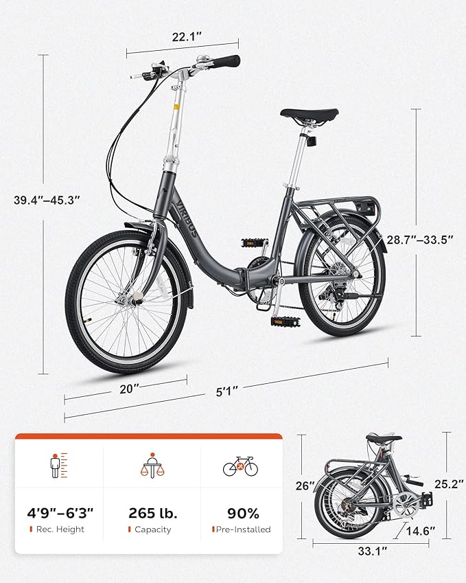 VIRIBUS Folding Bike, 20 inch Lightweight Foldable Bike for Adults 7 Speed with Aluminum Frame, Basket & Rear Rack, Step Through Collapsible Bike for Women Men Seniors City Commuter