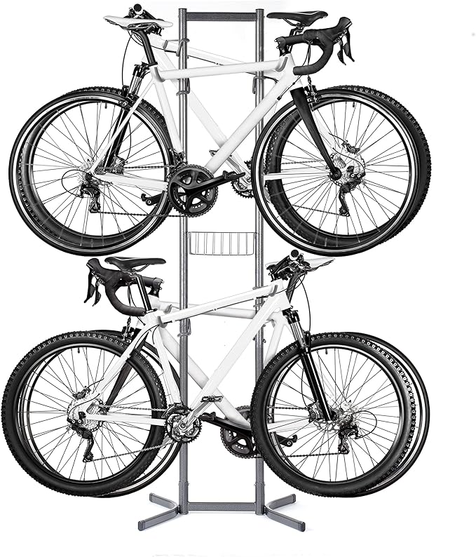 Bike Rack for Garage & Home by Delta Cycle - No Drilling Required - Fully Adjustable Gravity Storage Rack for Any Style Bicycle - Freestanding Vertical Rack