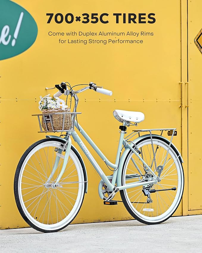 VIRIBUS Womens Hybrid Bike, 7 Speed Road Bike 28 inch for Women, 700C Adult Bicycle with Basket and Rack for Tall Ladies, Step Through City Retro Commuter Bicycle