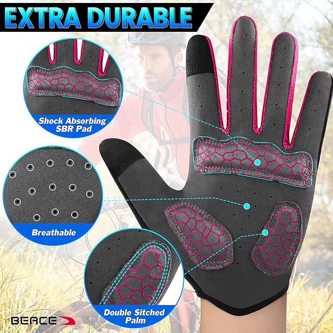 BEACE Cycling Gloves for Men Women - Full Finger Mountain Bike Gloves With Touch Screen and Anti-Slip Silicone Palm - Workout and Road Bicycle Gloves