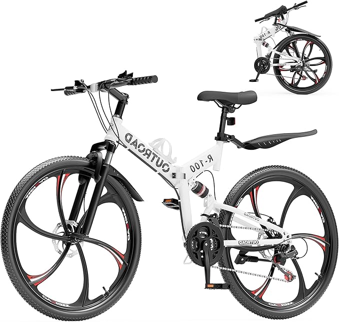 Betterland 26 Inch Mountain Bike, 21 Speeds Full Suspension Folding Bikes, Dual Disc Brake, High Carbon Steel Frame and Non-Slip Quick Release tire Bicycle for Adult